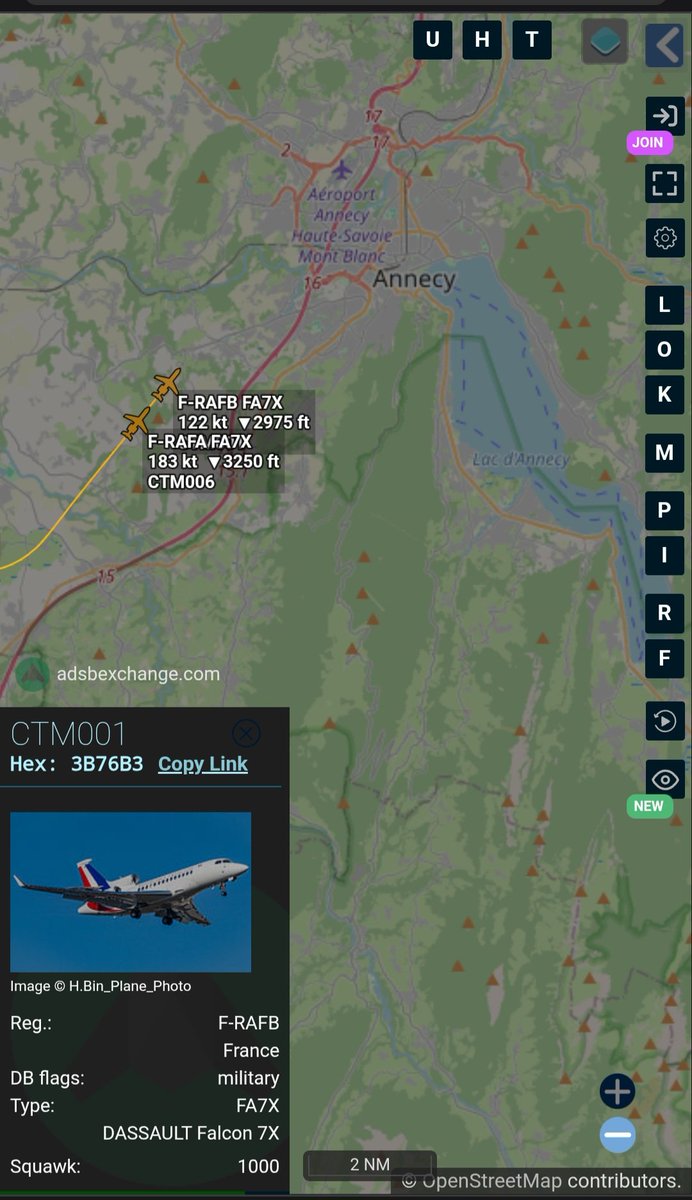 Borrowed7Time's tweet photo. French AF Falcon 7X x2 en route from Nice to Annecy Mont Blanc (LFLP) for the G7 Summit:
F-RAFB #3B76B3 CTM001 (Pres Emmanuel Macron)
F-RAFA #3B770D CTM005
@sipjack1776 @LadyAstroJet https://t.co/TvEGBgORaw
