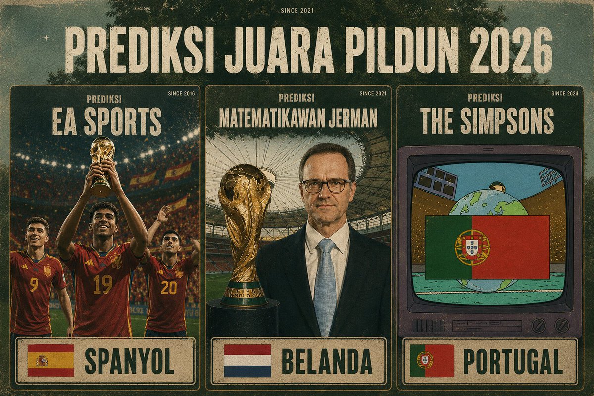 Sudgarrr's tweet photo. 3 Ramalan Pildun 2026 Yang Uhuyyy Banget

Piala Dunia 2026 lagi berjalan, tapi  ada 3 'ramalan'  yang jadi bahan pembicaraan, melihat prediksi mereka sebelum ini memang benar semua, ini cukup menarik untuk dinantikan.

1.Prediksi EA Sports untuk Piala Dunia 2026: Spanyol juara
EA Sports punya rekor sangat impresif sejak 2010, mereka simulasi turnamen penuh ratusan kali pakai game mereka sebelum turnamen mulai,
2010 Spanyol    ✅
2014 Jerman      ✅  
2018 Perancis   ✅  
2022 Argentina✅ 

2.Prediksi dari ekonom Joachim Klement
Untuk Piala dunia 2026 Belanda juara
Ekonom Jerman Joachim Klement punya model statistik yang benar menebak 3 juara Piala Dunia terakhir: 
Jerman        (2014) ✅
Prancis       (2018)  ✅ 
Argentina (2022)  ✅ 
Untuk 2026, modelnya memprediksi Belanda juara, 
cara perhitungannya, dilihat dari faktor ekonomi (GDP, populasi), iklim, ranking, sejarah, plus "keberuntungan"

3.Prediksi The Simpsons
Untuk Piala dunia 2026 Portugal juara akan mengalahkan Mexico
Walaupun ini kartun, beberapa kali cuplikan The Simpson menjadi viral karena nuansa yang terjadi sama persis, misalnya

2014 World Cup: Episode Season 25 (You Don't Have to Live Like a Referee) Homer jadi wasit, FIFA korupsi, dan Jerman menang turnamen, Cocok dengan Jerman juara beneran (plus skandal korupsi FIFA meledak 2015)✅
Prediksi Trump presiden (1993)✅
The Simpsons & COVID-19 ✅

Intinya, entah ini cuma kebetulan atau memang ada yang aneh di dunia ini 😂
Siapa menurut kalian yang bakal benar kali ini?