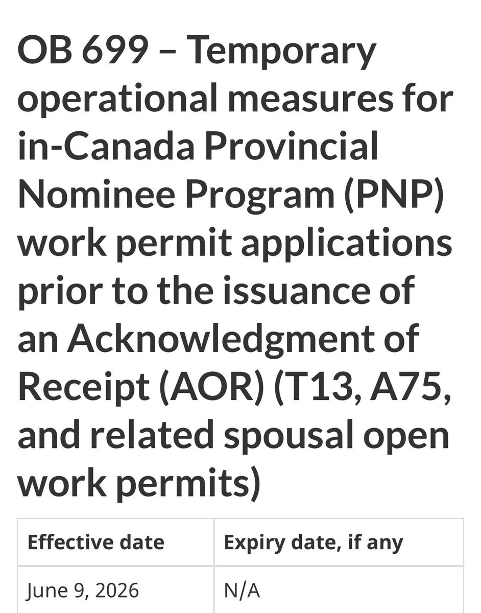 KsaImmigration's tweet photo. This is a great development for in-Canada PR applicant awaiting PR application decision.

Show other proof of PR submission if you don’t have AOR to apply for BOWP and eligible SOWP.

“Effective June 9, 2026, clients in Canada who applied for permanent residence (PR) under the Provincial Nominee Program (PNP) (base and express entry) may submit alternative proof of PR submission in support of their applications for PNP employer‑specific work permits (T13), PNP Bridging Open Work Permits (A75), and eligible spousal open work permits for spouses/ partners of PNP principal PR applicants.”-IRCC