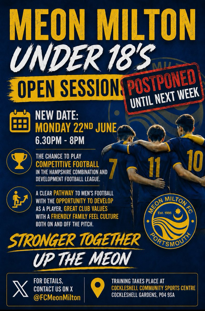 FCMeonMilton's tweet photo. Tomorrow U18's open session has been postponed until next week. New start date: MONDAY 22ND JUNE, 6.30pm-8pm. 
Come be a part of the rebuild 💛💙 #UTM https://t.co/pXsG7c0tx1