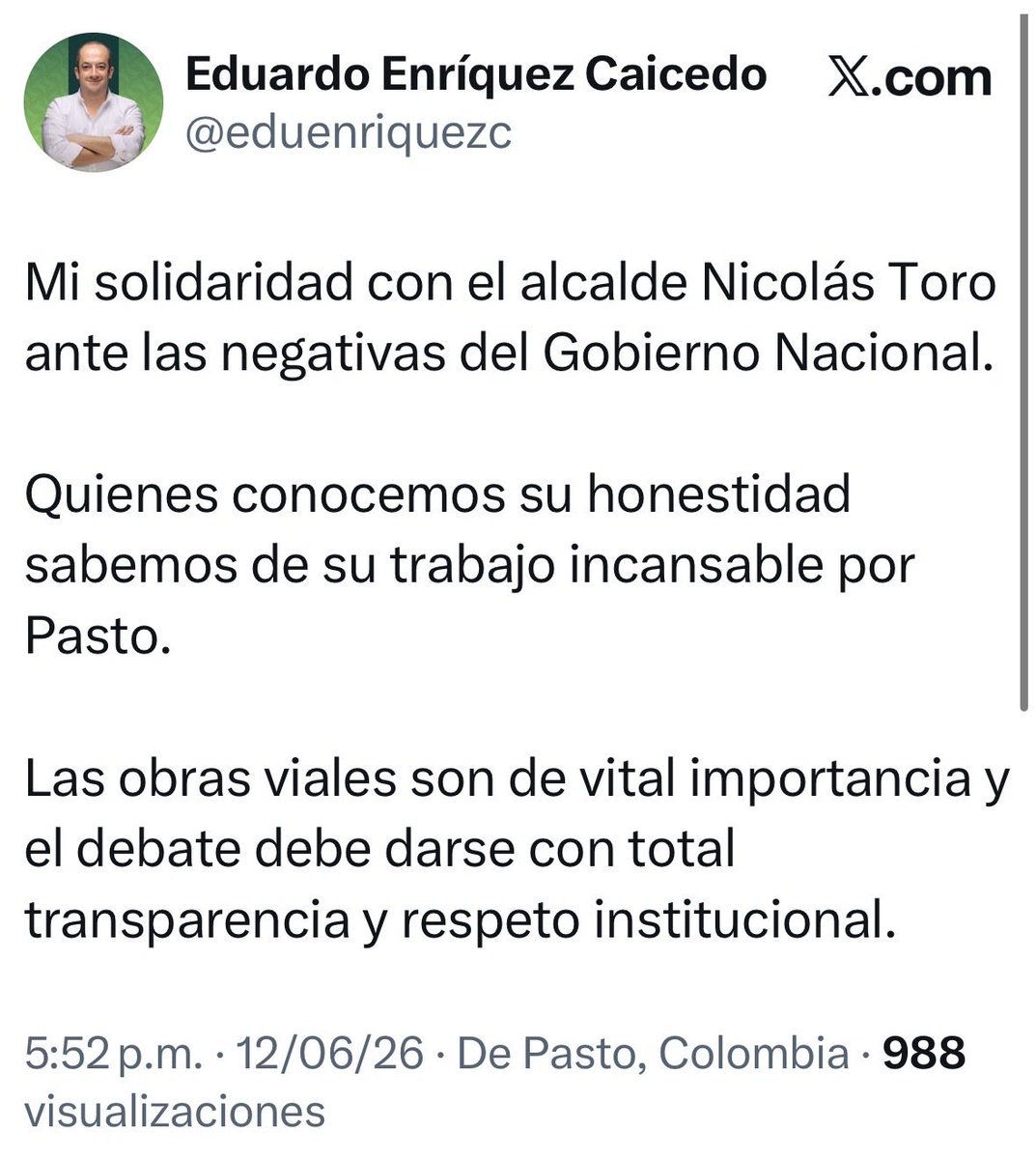 ajidemani's tweet photo. Eduardo Enríquez Caicedo (@eduenriquezc) fue viceministro de Transporte de @petrogustavo durante 2 años y medio. ¿No fue tiempo suficiente para que desde su cargo se gestionara y concretara la doble calzada Pasto-Catambuco? Ahora habla de "negativas" del Gobierno. https://t.co/P6EwJrhdI9