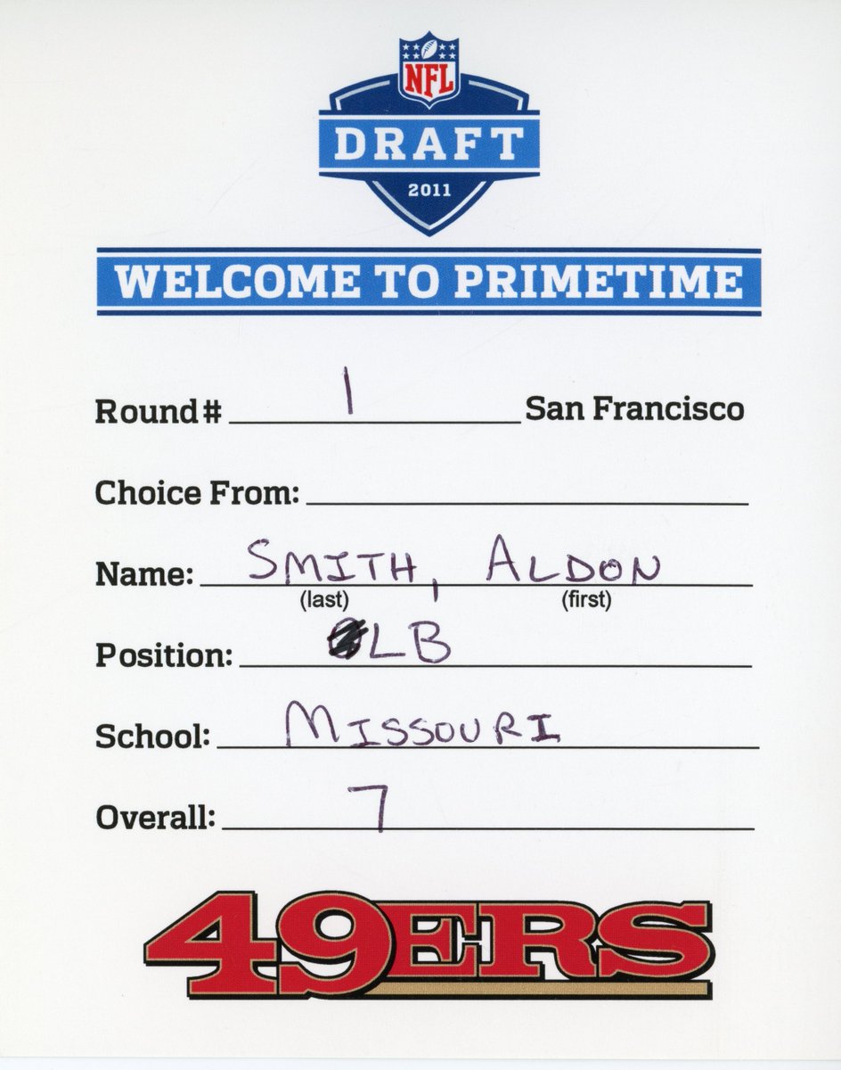 PFHOFAmbassador's tweet photo. ALDON SMITH, @49ers @Raiders @dallascowboys 
To celebrate the life of Aldon Smith, below is his original 2011 @NFL Draft card as the #7 pick from @MizzouFootball. The card is kept @ProFootballHOF 
#49ers #FTTB #Raiders #RaiderNation #Cowboys #Dallascowboys #NFL #NFLX #NFLNews