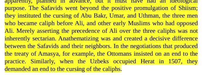 raza0927's tweet photo. 9/

The Safavids instituted the public cursing of the three caliphs. The Ottomans demanded that it be stopped during the Treaty of Amasya, and the Uzbeks also asked the Safavids to stop cursing the three caliphs. https://t.co/s0sqmbkzem