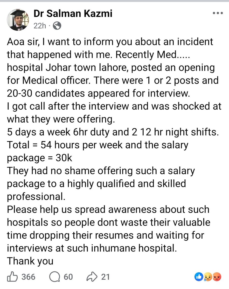 AhmadRehanKhan's tweet photo. 𝗦𝗧𝗢𝗣 𝗘𝘅𝗽𝗹𝗼𝗶𝘁𝗮𝘁𝗶𝗼𝗻 𝗼𝗳 𝗗𝗼𝗰𝘁𝗼𝗿𝘀:

Just imagine the reality facing young doctors in Pakistan.

The official house job salary is around PKR 70,000 per month, while postgraduate trainees are supposed to receive about PKR 105,000 per month. Yet many young doctors are either forced to work without pay or are paid far below these amounts.

The situation for Medical Officers is even worse. Some private hospitals are reportedly offering as little as PKR 30,000 per month for a 40-hour-per-week job. To put that into perspective, a laborer in Pakistan can earn around PKR 45,000 per month.

Everyone knows this is happening, including PMDC. Yet beyond issuing notifications and statements, there has been little meaningful action. Meanwhile, some private hospitals continue to generate billions in revenue while exploiting the very doctors who keep their healthcare systems running.

This is not just unfair, it is unacceptable. Young doctors deserve dignity, fair compensation, and respect for their hard work. The exploitation of healthcare professionals must be called out and addressed before more talented doctors are forced to leave the profession or the country.

#PayRaiseForDoctors #Pakistan