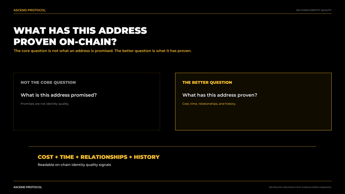 Ascend_ASX's tweet photo. The core question is not:
"What is this address promised?"

The better question is:
"What has this address proven on-chain?"

Cost. Time. Relationships. History.

Together, they become readable on-chain identity quality signals.

Identity before incentives. https://t.co/yYsuXAmN55
