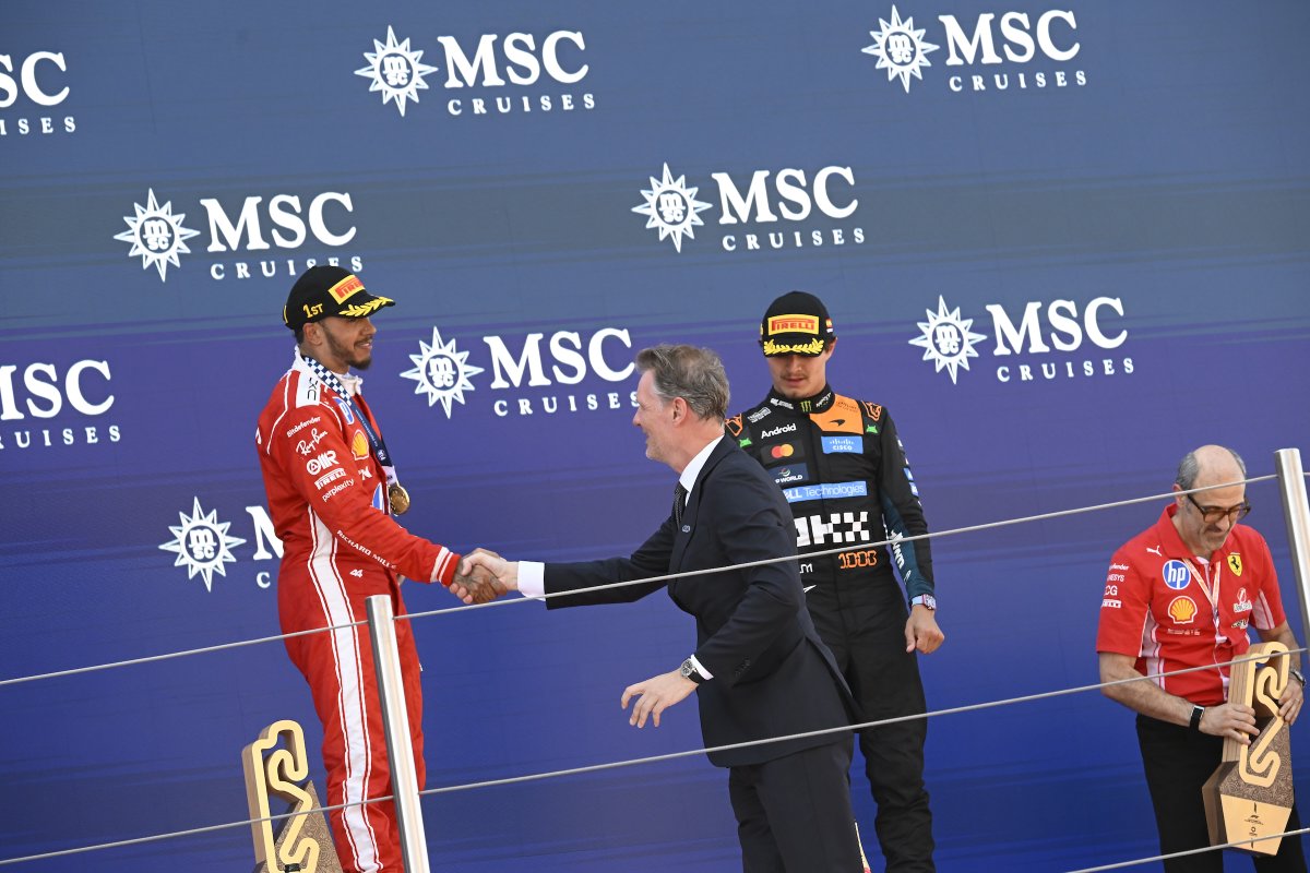 MSCCargo's tweet photo. A special moment for us at the Formula 1 MSC Cruises Gran Premio de Barcelona-Catalunya 2026 🏆🍾

Following today's race in Barcelona, MSC had the honour of presenting the constructors' trophy to @ScuderiaFerrari after a thrilling race that saw @LewisHamilton take victory. Congratulations to all on a fantastic result!

The constructors' trophy is a reminder that behind every race win is an extraordinary team making it possible.

In other words: it's a team effort 💪

MSC CEO Soren Toft presented the trophy on behalf of MSC.

#msccargo