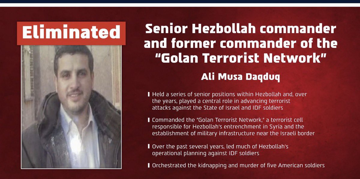 DrEliDavid's tweet photo. 🚨 Breaking: Israel eliminated Ali Musa Daqduq, a senior Hezbollah terrorist who kidnapped and murdered 5 American soldiers.

You're welcome. https://t.co/iiTRSoD0C8