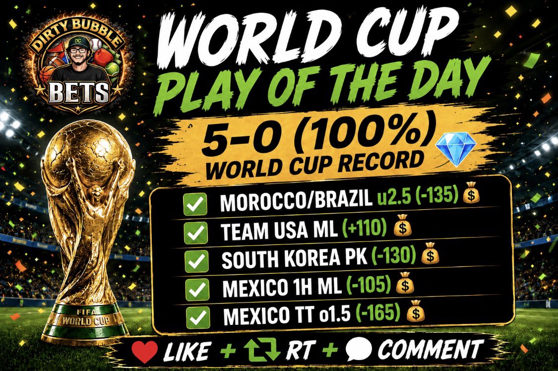 DirtyBubbleBets's tweet photo. WORLD CUP PLAY OF THE DAY 🏆

A Perfect 5-0 (100%) WC Record 💎

Grab Winner #6 HERE ⤵️
https://t.co/t3rj0Sc25L

Sending It To 5 People For FREE 👀🔥

Like ❤️ + Repost ♻️ + Comment 🗣️

I Want To Hear ALL THE ENERGY 👇 https://t.co/B4lOTYdo83