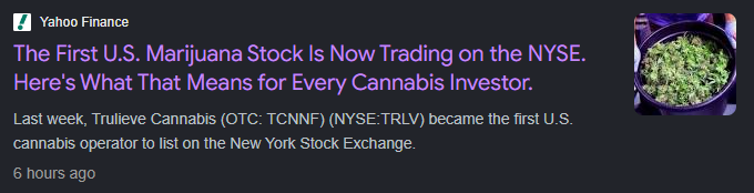 Owethedev's tweet photo. Trulieve just became the first U.S. Marijuana Stock to officially trade on the NYSE

This is a historic first for the Marijuana industry

Best narrative is ATH... All Time High

Article:https://t.co/HISje8ehuZ https://t.co/yvCVtuJgVg