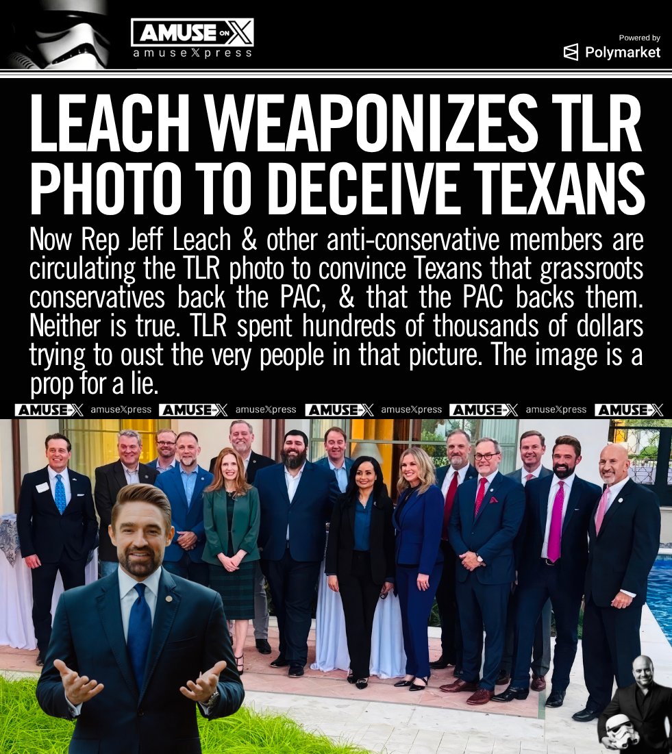 amuse's tweet photo. UNITY? Jeff Leach & allies are passing around a Texans for Lawsuit Reform photo to convince Texans that conservatives back the PAC. They don't. TLR spent hundreds of thousands to defeat the very people in that picture. Rep Andy Hopper (District 64) says the invitation was a trap. "We believed that an olive branch was being extended," Hopper said, after TLR read each conservative's name & pledged support to the room. Weeks later the PAC funded their primary opponents & ran push polls.