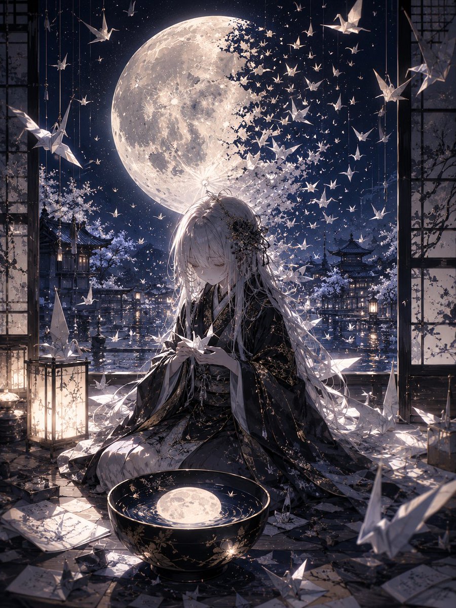 【一点物】 夜空に微笑む青年 幻想系 AIイラスト 色紙アート 夜空に浮かぶ月は、 最初から丸かったのだろうか。 誰かの願い。 誰か