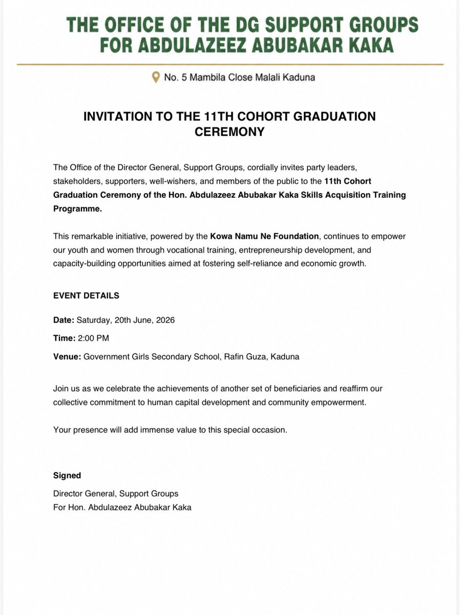Peopleforkaka's tweet photo. The upcoming graduation of beneficiaries from his skill acquisition programme is just one of many initiatives aimed at empowering youths, supporting families, and creating opportunities across our communities.
Leadership is not about holding office; it’s about making an impact. https://t.co/GD54SRLQwK