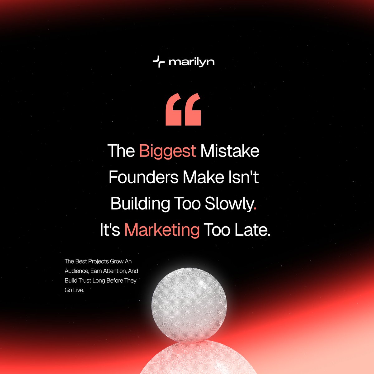 MarilynPRWeb3's tweet photo. One mistake we see repeatedly:

Founders spend months building.

Then spend weeks marketing.

It should be the opposite.

The best projects build distribution while they're building the product.

Community isn't something you create after launch.

It's something you create before launch.