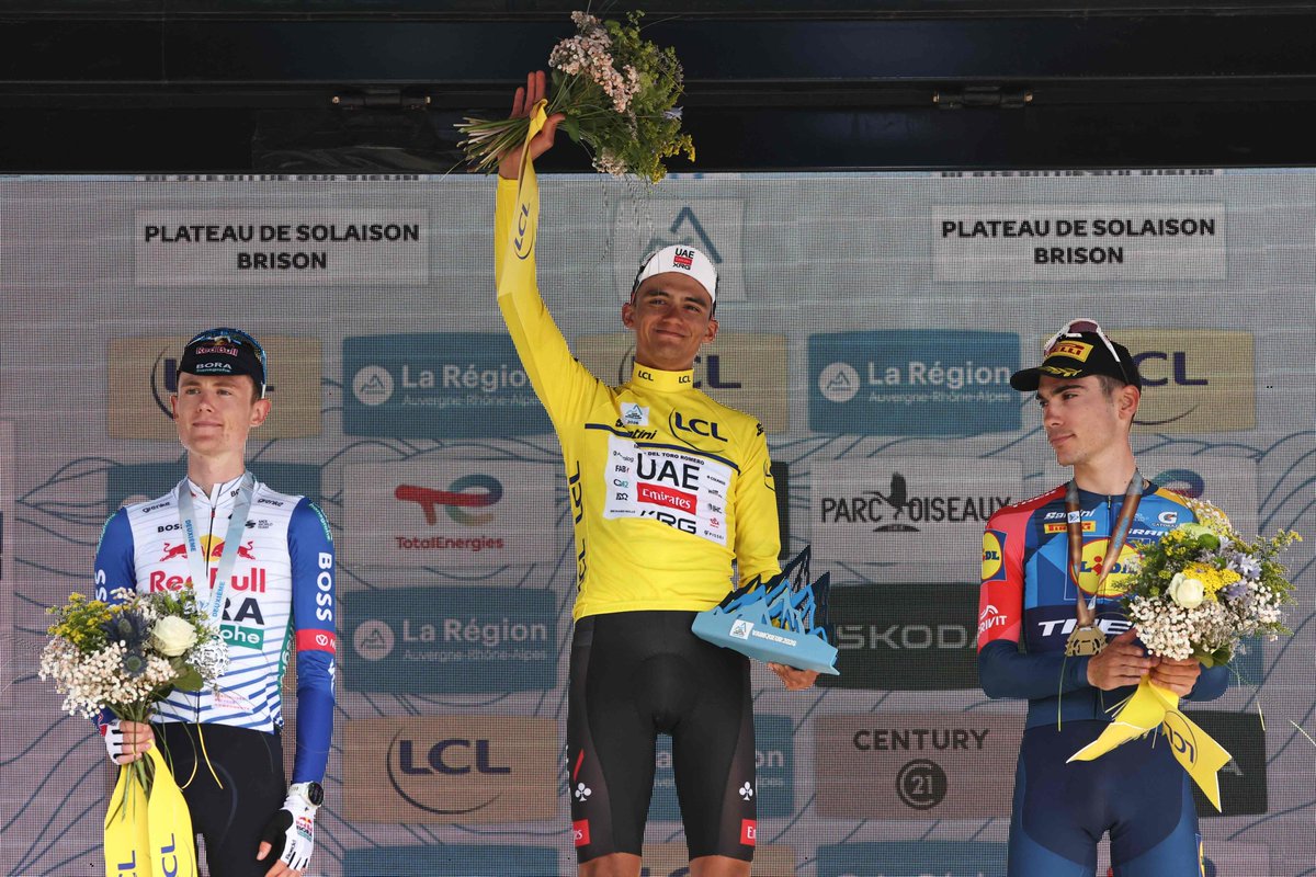 El_Universal_Mx's tweet photo. 🚴‍♂️ 🥇 "Es una victoria genial, no me lo puedo creer"

👏 Isaac del Toro consiguió su segundo triunfo consecutivo de etapa y la victoria final en el Tour Auvernia-Ródano-Alpes

En la clasificación general final, aventajó a Tuckwell, revelación del torneo, en 54 segundos, y al español Juan Ayuso, segundo en la etapa

Del Toro sucede en el palmarés al esloveno Tadej Pogacar, vencedor en 2025

#FOTOS: AFP