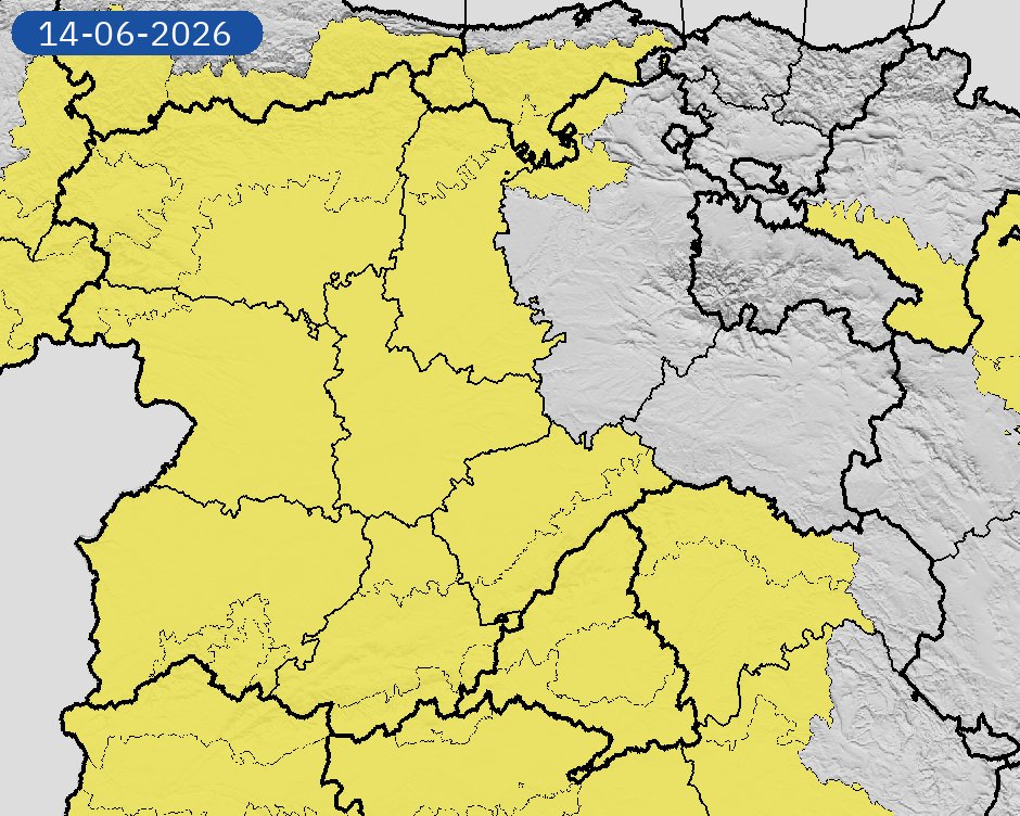 AEMET_CyL's tweet photo. 14/06 18:24 AVISOS HOY Y MAÑANA | Castilla y León: tormentas. Nivel máximo de aviso: amarillo.
Actualizaciones en https://t.co/qvxyC0edHd https://t.co/QrYZj4rHFX