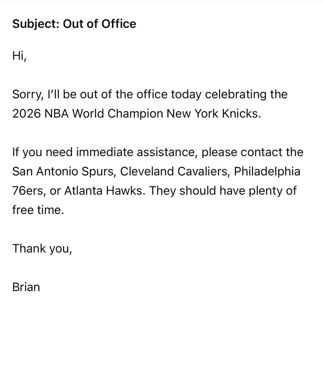 bdistel's tweet photo. My out of office for Thursday June 18th 2026 https://t.co/m4GQTW8J5h