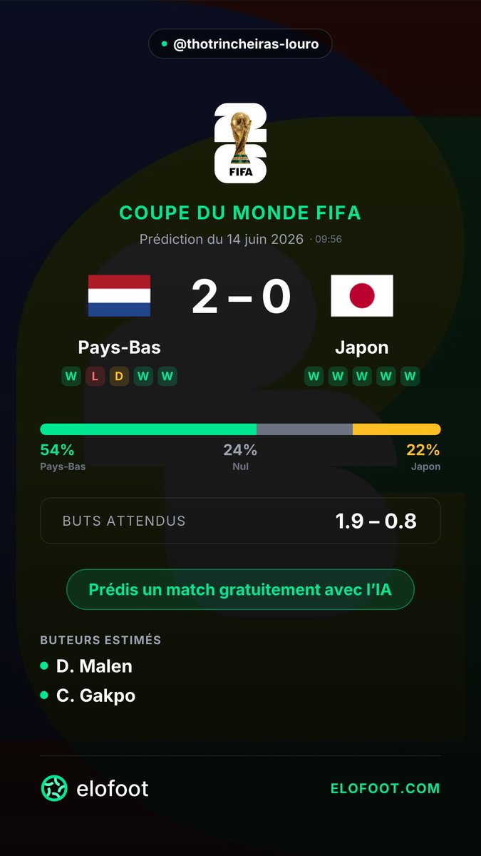 Julesqsio's tweet photo. @Williams_0220 2-0 sur elofoot c’est la ou on voit toutes les prédictions les plus probables (ça s’est pas trompé les derniers matchs) https://t.co/ZrR0kkWT5A