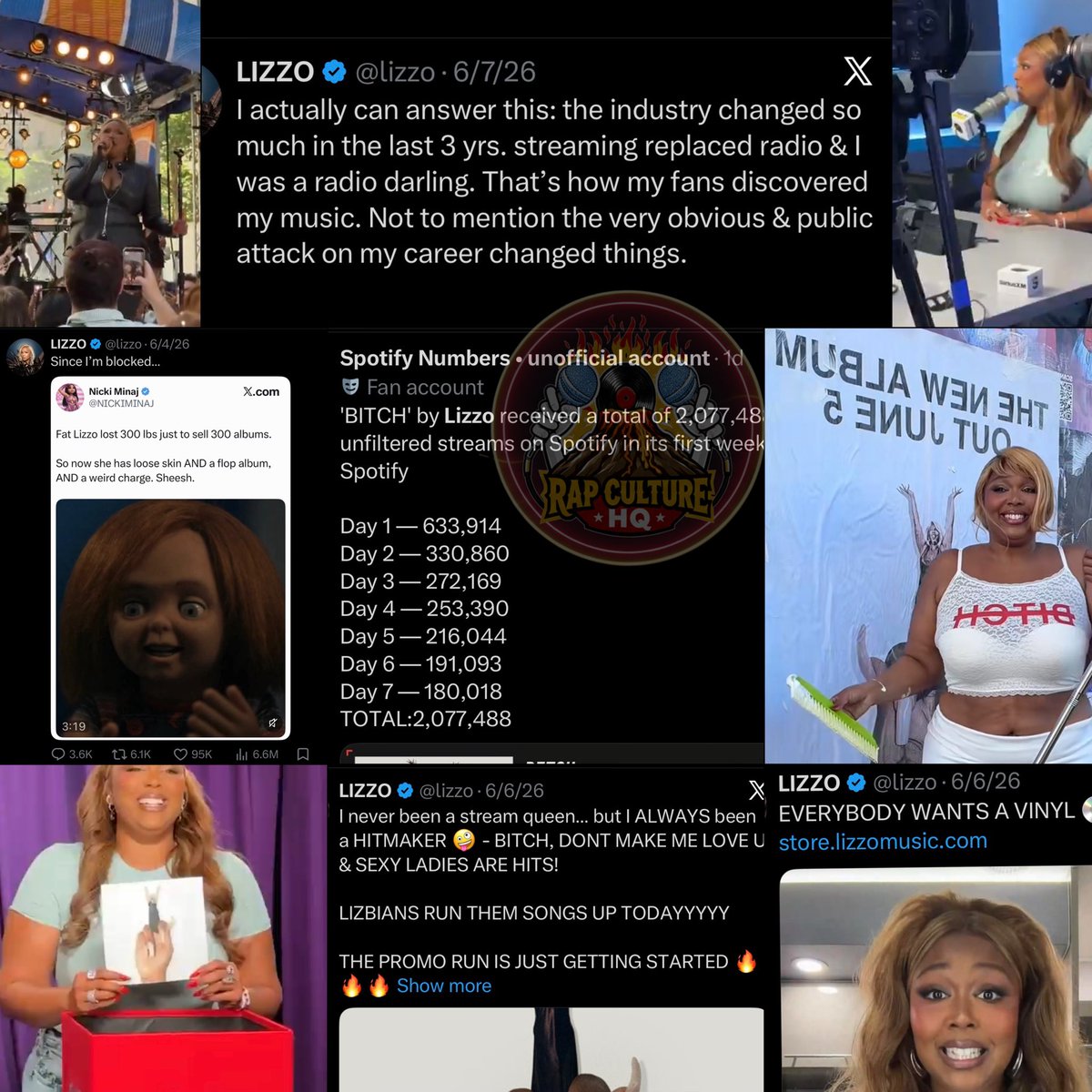 RapCultureHQ's tweet photo. Lizzo’s 5th album fails to debut a single track on the Billboard Hot 100 despite trying to spark a Nicki Minaj feud, blaming Atlantic, running her own promo, and hosting pop-up events.

It’s now 3 yrs &amp; 6 mos since Lizzo last had a lead single debut on the Billboard Hot 100 https://t.co/F22mz5k0VG