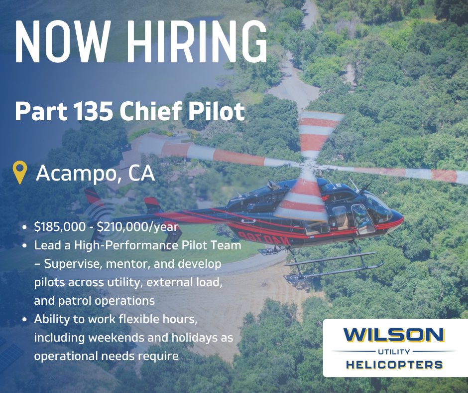 PilotHelicopter's tweet photo. Wilson Utility Helicopters is seeking a Part 135 Chief Pilot to join our team in Acampo, California.

🚁 $185,000 - $210,000/year
🚁Lead a High-Performance Pilot Team

Apply here ➡️ https://t.co/GjfbPtAXlc https://t.co/lcMEKtlXwM