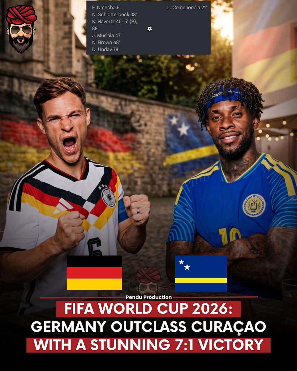 penduProduction's tweet photo. Germany delivered a stunning performance in the FIFA World Cup 2026, thrashing Curaçao 7-1.

#FIFAWorldCup2026 #GermanyWin  #German https://t.co/ZrR0D8Nymz