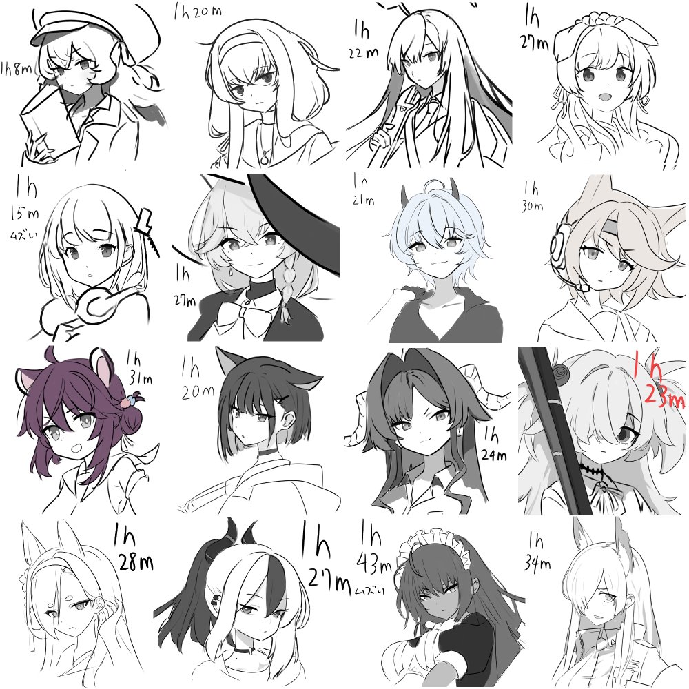 inpet_e's tweet photo. 最近キャラを似せて描く練習としてブルアカキャラを名前順に一日一人ずつ、軽めに模写してるけどやっとカ行まで終わった。 https://t.co/0s6urXu1Ux