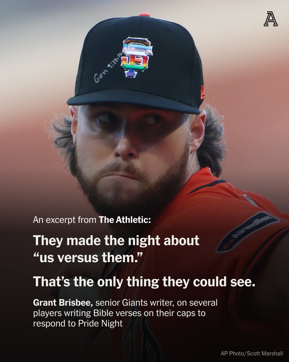 TheAthletic's tweet photo. Several Giants players wrote Bible verses on their caps to respond to Pride Night.

The gesture echoed a familiar pattern: making a night meant for inclusion about something else entirely.

Read more for free, from @GrantBrisbee: https://t.co/roBLix4N1B https://t.co/P4iAqsnbwB