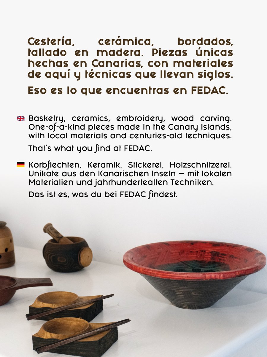 FedacGC's tweet photo. Detrás de cada pieza hay unas manos, y años de oficio que no entienden de prisas. 🤲🧵
Comprar artesanía es sostener un saber que pasa de generación en generación.
#FEDACGranCanaria #ArtesaníaCanaria #ConsumoLocal https://t.co/UYsJP4F4uD