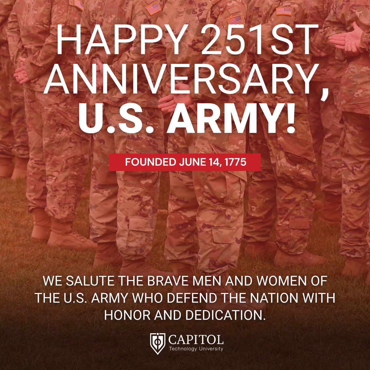 captechu's tweet photo. 🎉 Happy 251st Birthday, U.S. Army! 🇺🇸

At Capitol Technology University, we're proud to support #military members, veterans, and their families as they pursue their educational and professional goals. https://t.co/qMExJRU2w6
