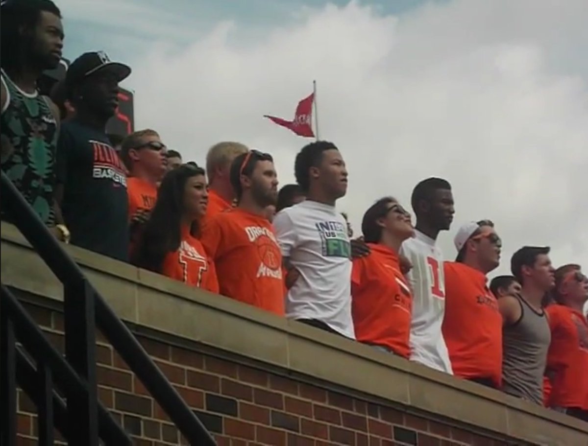 ArmchairIllini's tweet photo. Jalen Brunson won an NBA Championship AND was singing Hail to the Orange in Block I in 2014