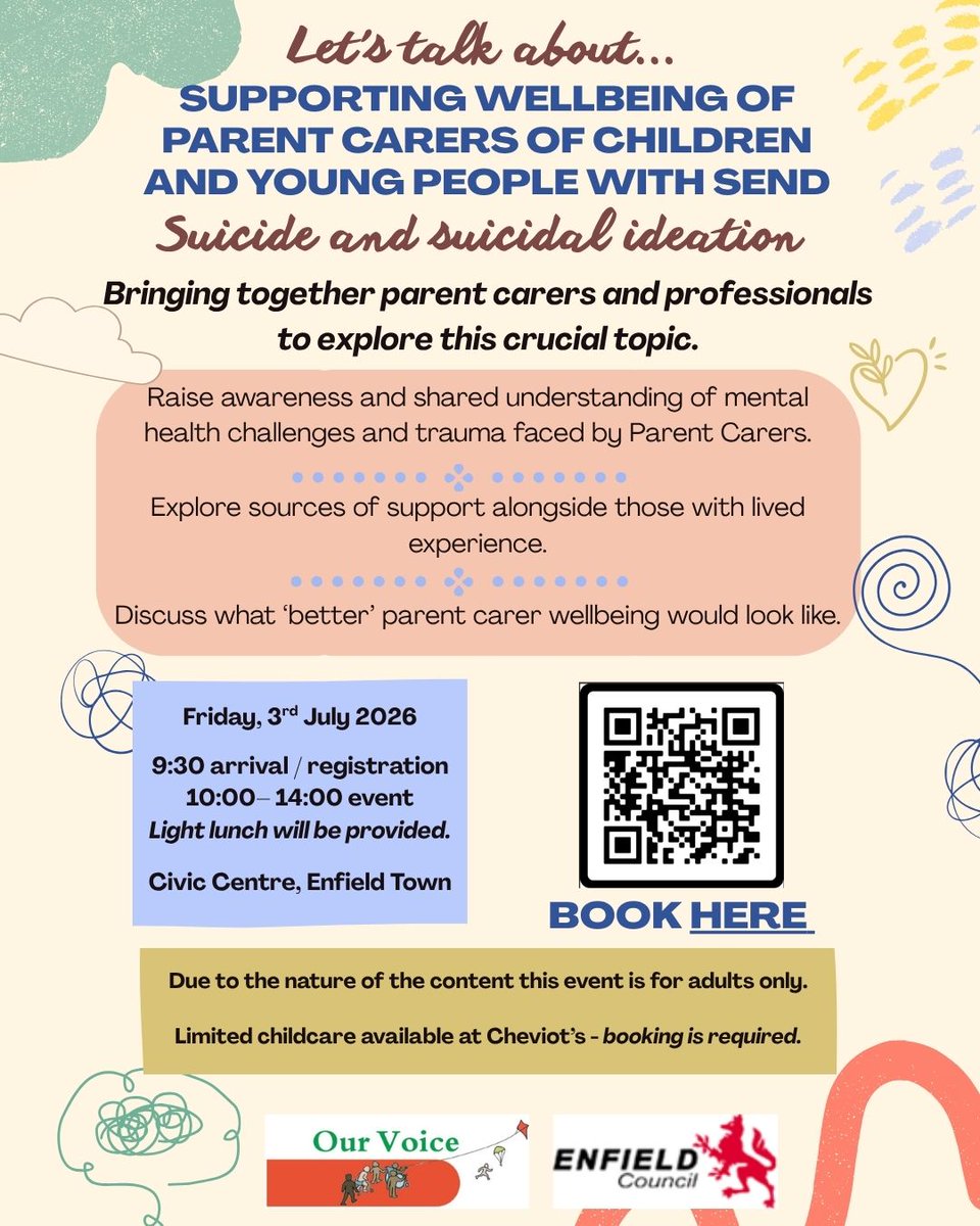 EnfieldOurVoice's tweet photo. Booking open for 'Supporting the wellbeing of parent carers of children/young people with SEND' on Fri 3rd July. Services and parent carers will come together to explore the trauma &amp; mental health challenges parent -carers face. Details &amp; booking link at https://t.co/IYZSJXjH7S https://t.co/GDWCUDxXQM