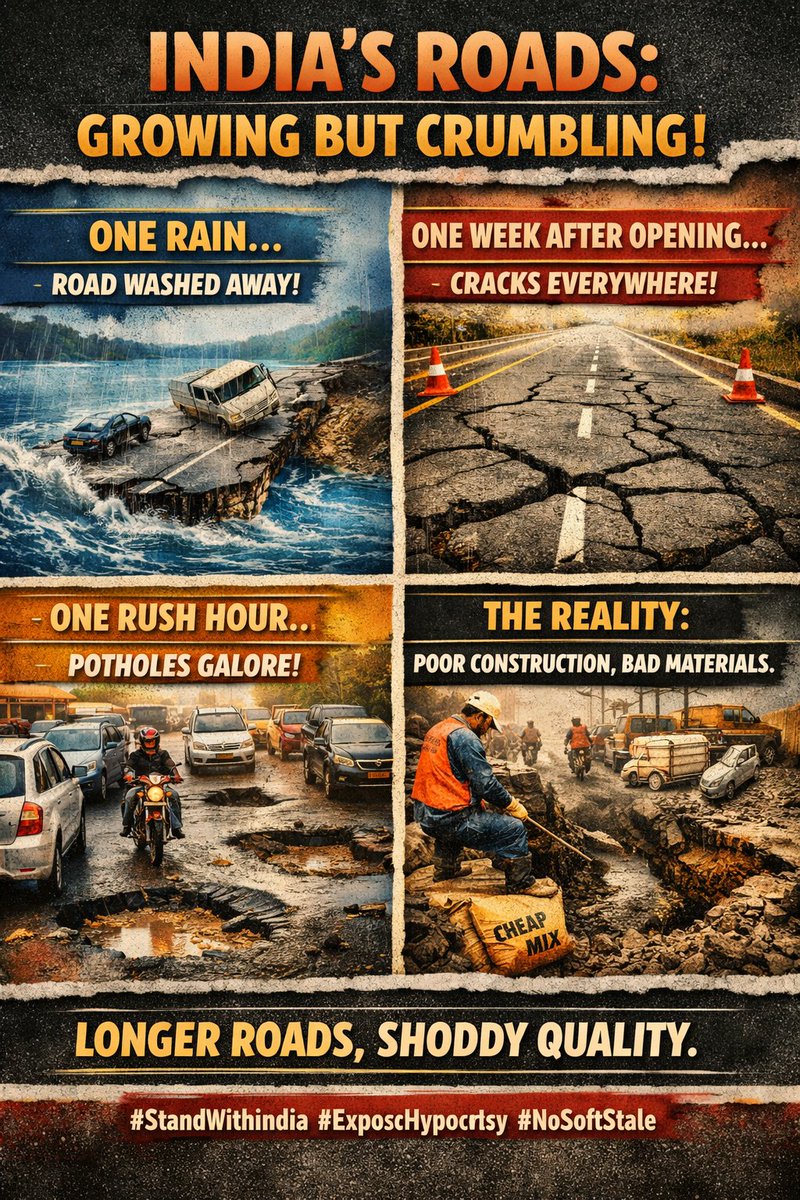 geopolyani's tweet photo. Yes, road expansion is increasing quite well. But what about the quality?

China has more warships than the U.S., but still lags far behind in quality.

The quality of Indian roads is below standard. Period.

One rain washes away the road as if it never existed.

One day of travel on a newly inaugurated road opens cracks as wide as a motorbike tyre.

A rush of vehicles creates potholes as if the road was built upon them.

Such is the standard and quality of roads being built in India. Expanding the length of roads is important, but so is ensuring their durability. 

#IndiaRoads #Infrastructure #QualityMatters #FixTheRoads #RoadSafety