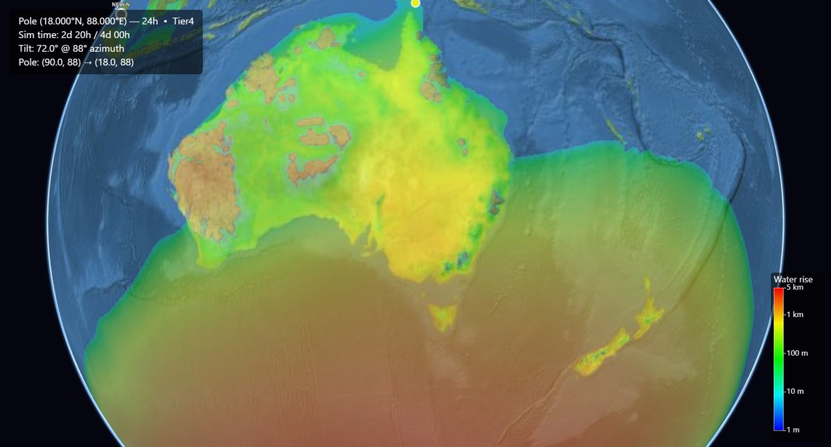 HashZappa's tweet photo. Screenshots from close to max inundation levels from @SunWeatherMan's pole shift theory. This is from the highest simulation resolution at .01° and I'll post the videos of each continent later... got a family thing I must attend for a while first. 😅 https://t.co/BuxN9XjUfg