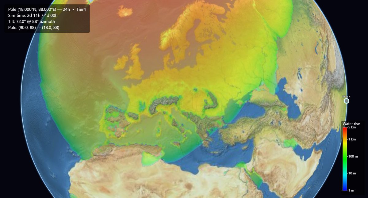 HashZappa's tweet photo. Screenshots from close to max inundation levels from @SunWeatherMan's pole shift theory. This is from the highest simulation resolution at .01° and I'll post the videos of each continent later... got a family thing I must attend for a while first. 😅 https://t.co/BuxN9XjUfg