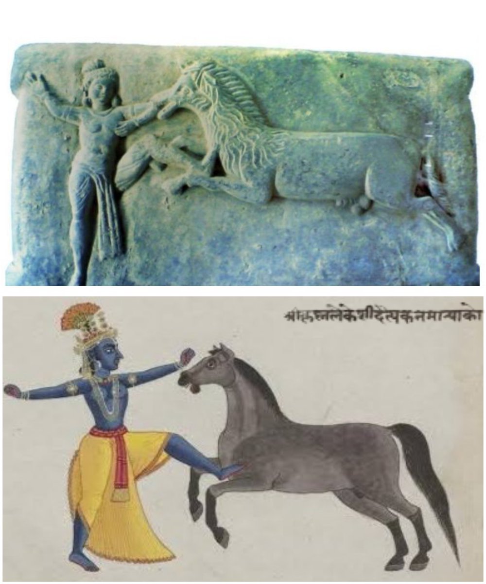 Param_Chaitanya's tweet photo. Lord Krishna ki||ing the horse-demon 'Keshi', a 4th century panel from Taxila, Gandhara, and a medieval painting from Nepal. https://t.co/JkEoT7eEkS