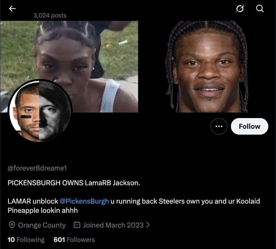 NFL_DovKleiman's tweet photo. 𝗕𝗥𝗘𝗔𝗞𝗜𝗡𝗚: Ravens star QB Lamar Jackson has updated his Twitter/X bio with an account that has Adolf Hitler as its profile picture.

Lamar is one of the faces of the NFL. This is unacceptable.

Many NFL fans have called for his suspension. https://t.co/umBahaSpDu