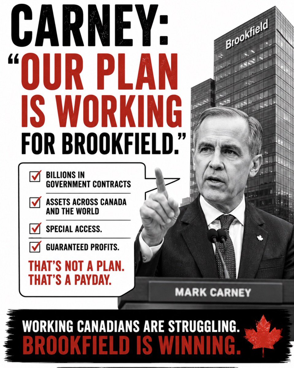 wealthmoose's tweet photo. 🚨 🇨🇦 Canada’s Prime Minister holds $6.8 million in Brookfield stock options.

Brookfield manages $850 billion in global assets.📌🌎

Every policy Carney signs that benefits clean energy, infrastructure or housing ..Brookfield wins.💵

📌 Confirmed under oath by Brookfield’s own COO: “When Brookfield’s value increases, the value of the instruments Mark Carney holds increases as well.” 

📌 Carney holds stakes in 500+ companies. All in a blind trust. Administered by his own Chief of Staff. 

📌 1,900 Brookfield assets were NOT submitted to his ethics screen. 

📌 Brookfield pitched Ottawa for a $50 billion “Maple Fund” — including $10 billion directly from the federal government. 

📌 His ethics screen administrator? 

Marc-André Blanchard — Carney’s own Chief of Staff. 

The fox isn’t guarding the henhouse.
The fox built the henhouse.
Named it after himself.

And is now writing the rules for who gets in.

In any other G7 country this would be front page every day.

In Canada, CBC calls it “a complicated situation.”

🇨🇦 Repost if the PM’s personal portfolio shouldn’t grow while he runs the country.

🇨🇦💀 #CdnPoli #Carney #Brookfield