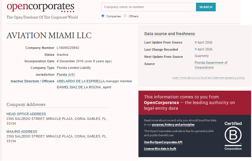 JuanPoe's tweet photo. Sofía Powell Cossio también aparece vinculada a otra empresa que es AVIATION MIAMI LLC donde figura Abelardo de la Espriella como Gerente o Manager Member. Esta empresa fue registrada el 6/12/2016. Sigue👇 También aparece inactiva y disuelta por falta de reportes anuales. Sigue👇 https://t.co/XSzNJ9DqKG