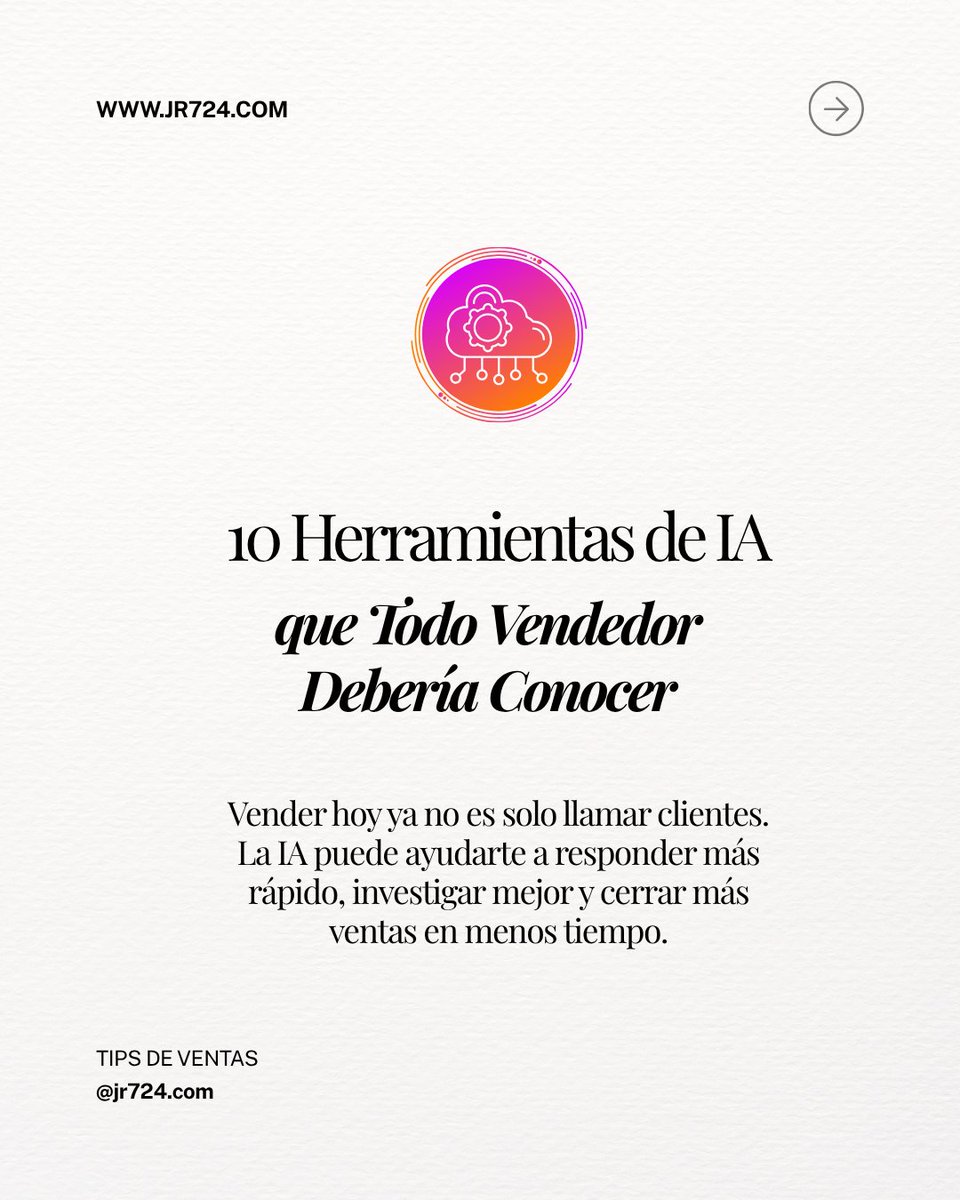 jr724com's tweet photo. 🤖 Las ventas están cambiando gracias a la IA.

Herramientas como ChatGPT, Canva AI y Gamma ayudan a investigar clientes, crear propuestas, automatizar tareas y ahorrar horas de trabajo.

La IA no reemplaza vendedores. Potencia a los mejores. 🚀

#IA #Ventas #Productividad https://t.co/Q75H8K2xoC