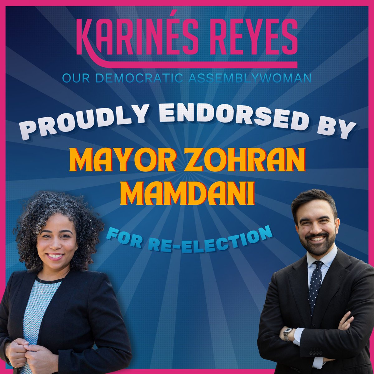 KarinesReyesNYC's tweet photo. Proud to earn the support of my dear friend and the NYC Mayor, @ZohranKMamdani!

In 6 months as mayor, Zohran and I have worked to make the city fairer and run better:

- Securing universal childcare ✅
- Balancing the city’s budget ✅
- Making the wealthy pay their fair share ✅ https://t.co/vL9T4928pU