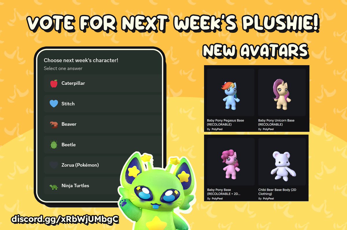 PolyPeel's tweet photo. Time for our next Plushie Poll! 🗳️

❔ Where can I vote?
You can vote in our Roblox Community OR Discord server where there's more options! https://t.co/jNzqTr4cZx

✨ New Avatars! ✨
- Pony Bases! Normal, Unicorn, and Pegasus.
- Bear Base
Recolorable and support 2D clothing! https://t.co/g5TbVFLDSe
