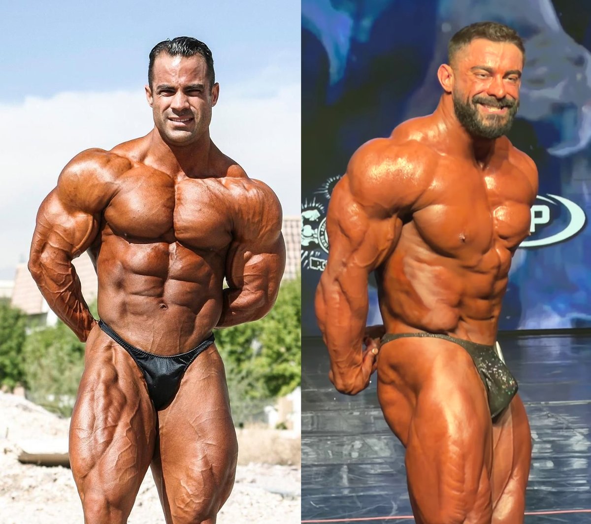 MarkDugdaleIFBB's tweet photo. Mark Dugdale and Cameron Whitters in black posing trunks, where Mark displays his trademark small pouch whereas Cameron shows off some real heft to his. https://t.co/EJsEPQQ9ej