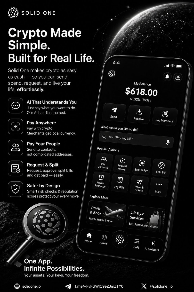 cryptimizy's tweet photo. What if using crypto is as easy as sending a text message? 
No wallet addresses, network confusion or  complicated blockchain steps.

Just open an app, type what you want to do and let the technology handle the rest.

That's the future @solidone_co is building. 🧵👇 https://t.co/OYTuTVpCpB