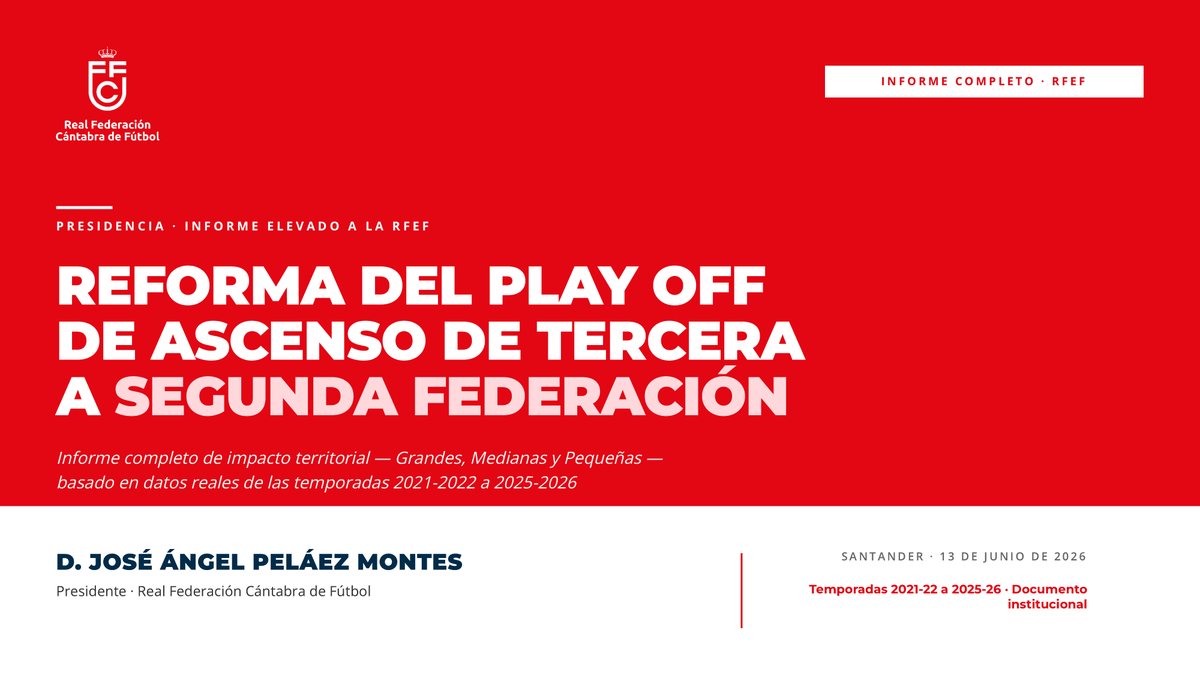 YEYDA's tweet photo. 1️⃣ El documento que hemos elevado a la RFEF: «Reforma del play off de ascenso de 3ª a 2ª Federación».

Un informe completo de impacto territorial basado en datos reales de las temporadas 2021-22 a 2025-26. https://t.co/cMWLj20AtY