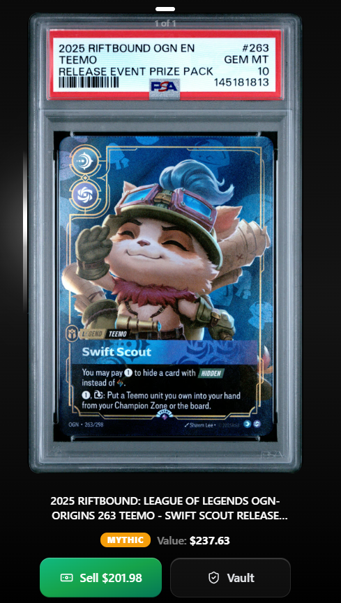 Cryptoftherings's tweet photo. Every day is a good day to win on @phygitals
 
Just opened a $25 Riftbound pack and pulled a $237 card — that’s almost a 10x https://t.co/2FNc3v2rNh