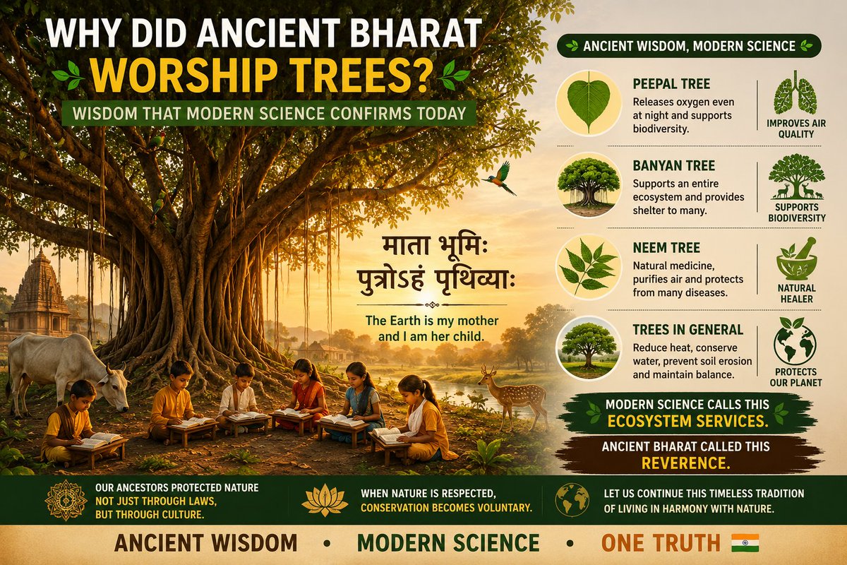 of_gcc's tweet photo. Amazing thing people should know today 🌳

Why did ancient Bharat worship trees?

Was it blind belief?

No.

A Peepal tree can release oxygen for decades. A Banyan tree can support an entire micro-ecosystem. Neem provides medicinal benefits. Trees reduce heat, improve air quality, conserve soil and support biodiversity.

Modern environmental science calls this ecosystem services.

Ancient Bharat called it reverence.

That is why our ancestors did not just protect trees through laws.

They protected them through culture.

When a society respects nature, conservation becomes voluntary. When nature is seen only as a resource, destruction becomes easy.

Perhaps this is why Bharat gave the world the idea:

"माता भूमिः पुत्रोऽहं पृथिव्याः" (The Earth is my mother and I am her child.)

Ancient wisdom. Modern science. One truth.

#Sanatan #Environment #Bharat #Nature #IndianKnowledgeSystem