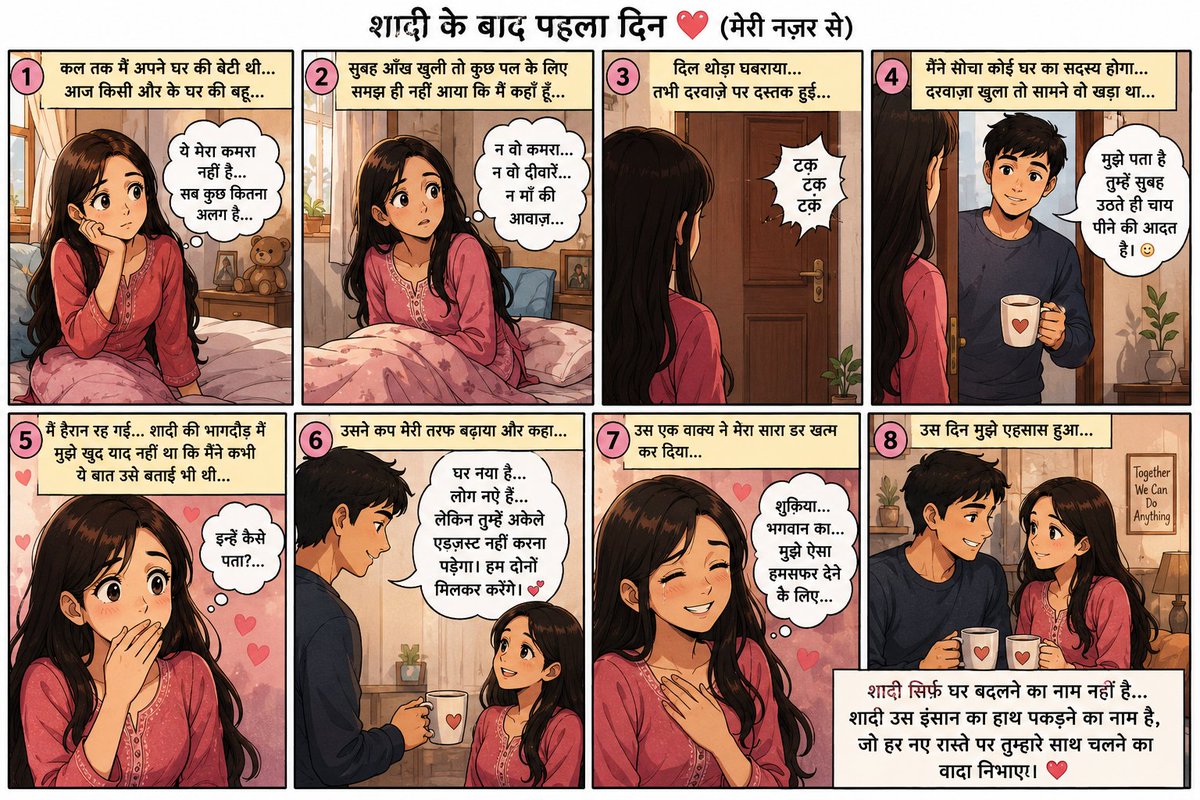 Pooja_Ch01's tweet photo. कल तक मैं अपने घर की बेटी थी। 

आज मैं किसी और के घर की बहू हूं। 

सुबह मेरी आँख खुली तो कुछ पल के लिए समझ में नहीं आया कि मैं कहाँ हूँ। 

न वो कमरा था, न वो दीवारें, न माँ की आवाज़। 

दिल थोड़ा घबराया। 

तभी दरवाजे पर दस्तक हुई। 

मैंने सोचा कोई घर का सदस्य होगा। 

दरवाजा खुला तो सामने वो खड़ा था। 

हाथ में चाय का कप लिए। 

मुस्कुराकर बोला, "मुझे पता है तुम्हें सुबह उठते ही चाय पीने की आदत है।" 

मैं हैरान रह गई। 

शादी की भागदौड़ में मुझे याद नहीं था कि मैंने कभी ये बात उसे बताई थी। 

उसने कप मेरी तरफ बढ़ाया और कहा, "घर नया है, लोग नए हैं, लेकिन तुम्हें अकेले नहीं करना पड़ेगा। हम दोनों मिलकर करेंगे।" 

उस एक वाक्य ने मेरा सारा डर खत्म कर दिया। 

उस दिन मुझे एहसास हुआ कि शादी सिर्फ घर बदलने का नाम नहीं है। 

शादी उस इंसान का हाथ पकड़ने का नाम है, जो हर नए रास्ते पर तुम्हारे साथ चलने का वादा निभाए।