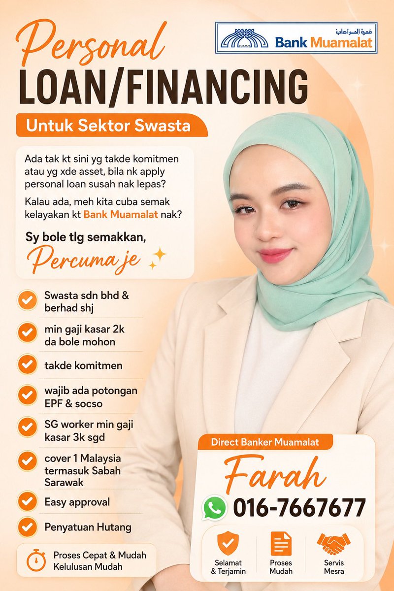 farahRiot's tweet photo. Hi Assalamualaikum warga X!
Susah nak lulus dgn bank lain?

Jom semak kelayakan dengan 🔸Bank Muamalat 🔸

Semakan percuma, patuh syariah, khas untuk kaki tangan SWASTA gaji serendah 2K sudah layak mohon!

Contact for more details 
Direct Banker Muamalat
Farah Amin https://t.co/Vjtlska6c6