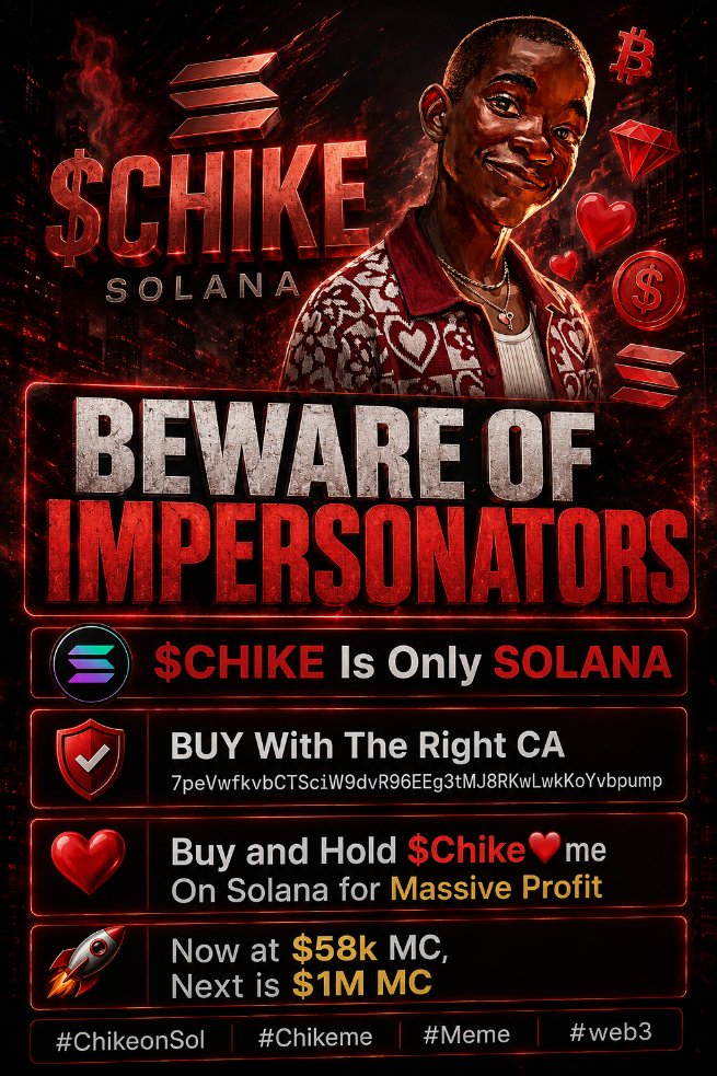 CHIKEME01's tweet photo. 🚨 BEWARE OF IMPERSONATORS 🚨

There is only ONE official $CHIKE on Solana ❤️

As the community continues to grow, fake tokens and copycats are beginning to appear. Always verify the correct CA before making any purchase.

🔥 Community is growing 
🔥 Momentum is building 
🔥 New holders are joining daily

At just $58K Market Cap, many believe we're still in the early stages of the journey.

The mission remains simple: 
❤️ Buy smart 
❤️ Verify the CA 
❤️ Hold strong

The trend is growing, the community is expanding, and the movement is only getting started. 🚀

BE SAFU
#ChikeOnSol #Chikeme #Solana #Memecoin #Web3 #CryptoCommunity 🚀❤️