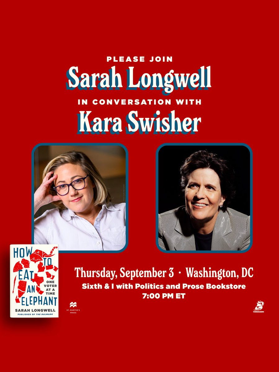 SarahLongwell25's tweet photo. The How to Eat an Elephant book tour kicks off at @SixthandI with @PoliticsProse on Thursday, September 3rd. I'll be joined by the one and only @KaraSwisher at 7:00PM ET. Grab your tickets here: https://t.co/8s4SpQqdIJ https://t.co/5dDKaiAAHy