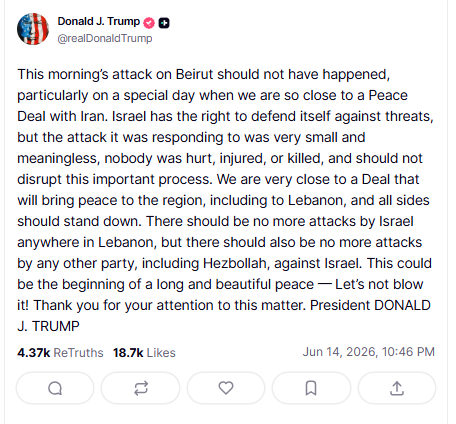 HuXijin_GT's tweet photo. President Trump has publicly criticized Israel. Just a few hours before Trump made this post, Iranian Parliament Speaker Ghalibaf posted: “ The Israeli aggression against Dahiyeh once again showed that the United States either lacks the will to fulfill its commitments or lacks the ability to do so.” It now seems more likely to be the second scenario—that is, President Trump lacks the ability to fulfill its commitments.